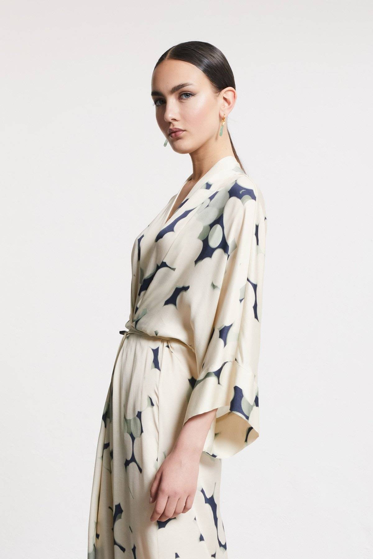 Robe Maxi Ottod'Ame Imprimé Abstrait Soie | Crème, Marine & Sauge
