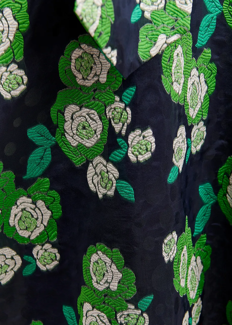 Mini robe lavallière en jacquard fleuri bleu marine