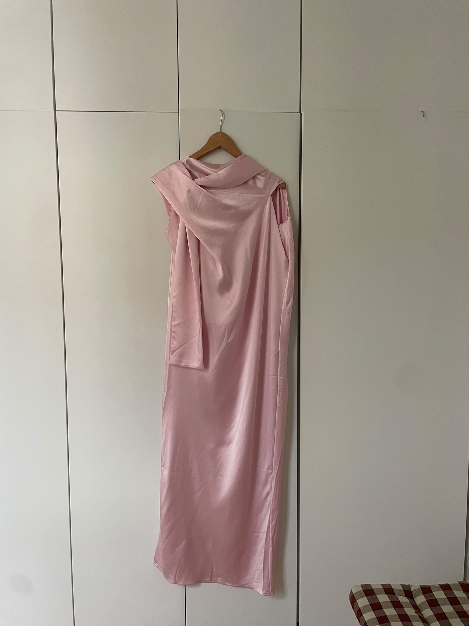 ARRANGE cowl neck scarf drape satin maxi dress in light pink
