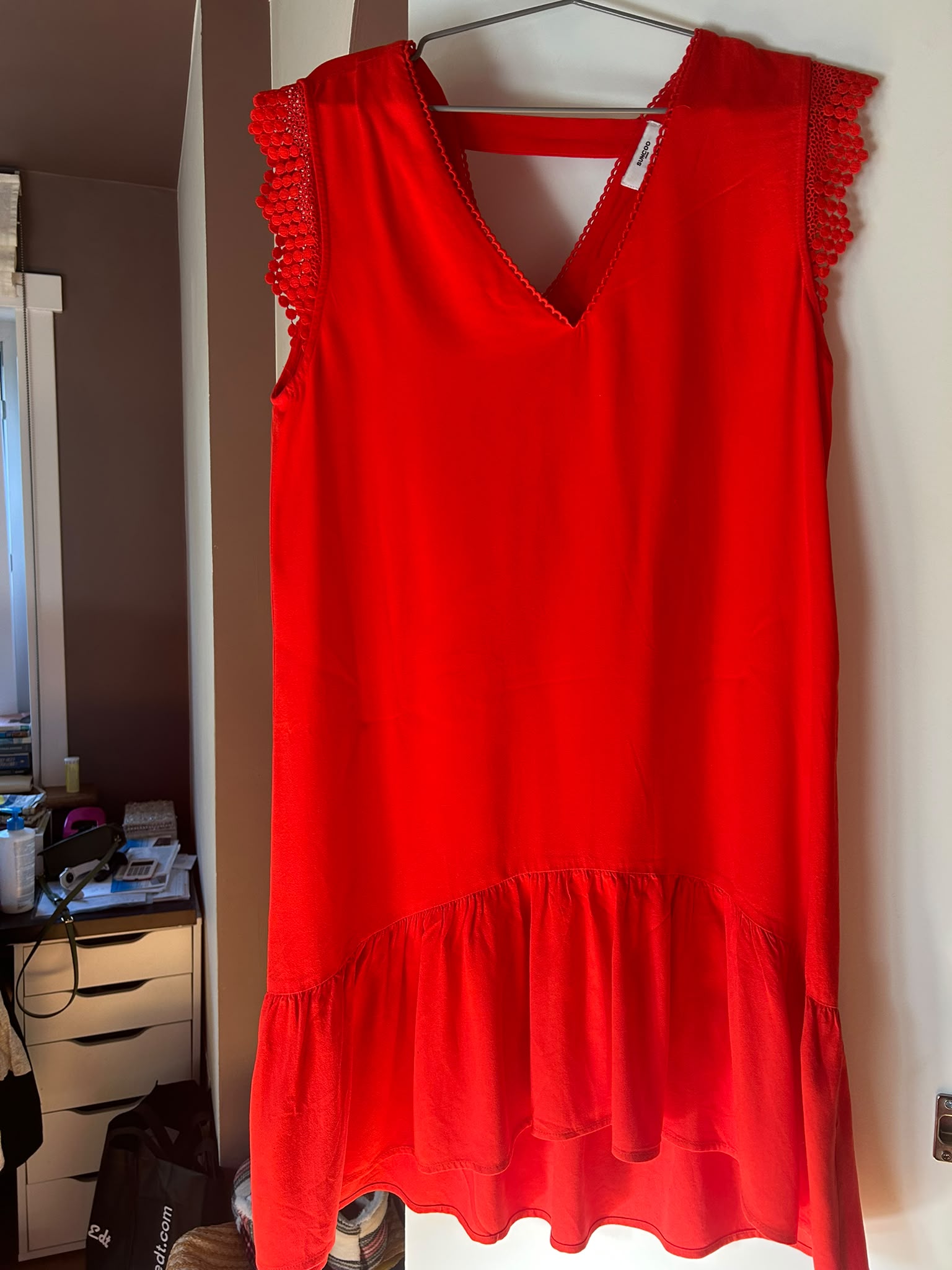 Suncoo Paris Red Lace Trim Ruffle Hem Dress