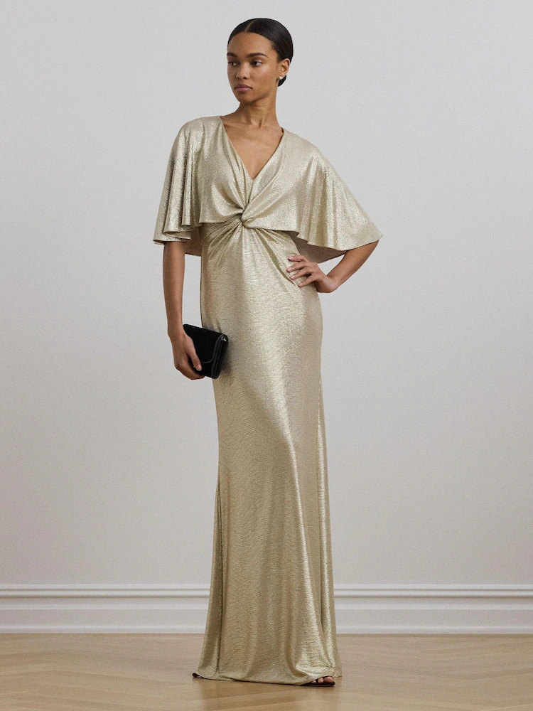 Ralph Lauren Metallic Gold Knot-Front Maxi Gown