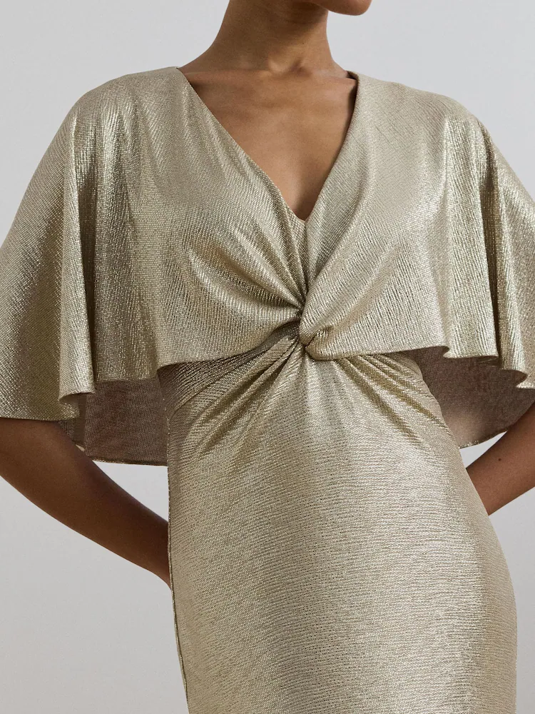 Ralph Lauren Metallic Gold Knot-Front Maxi Gown