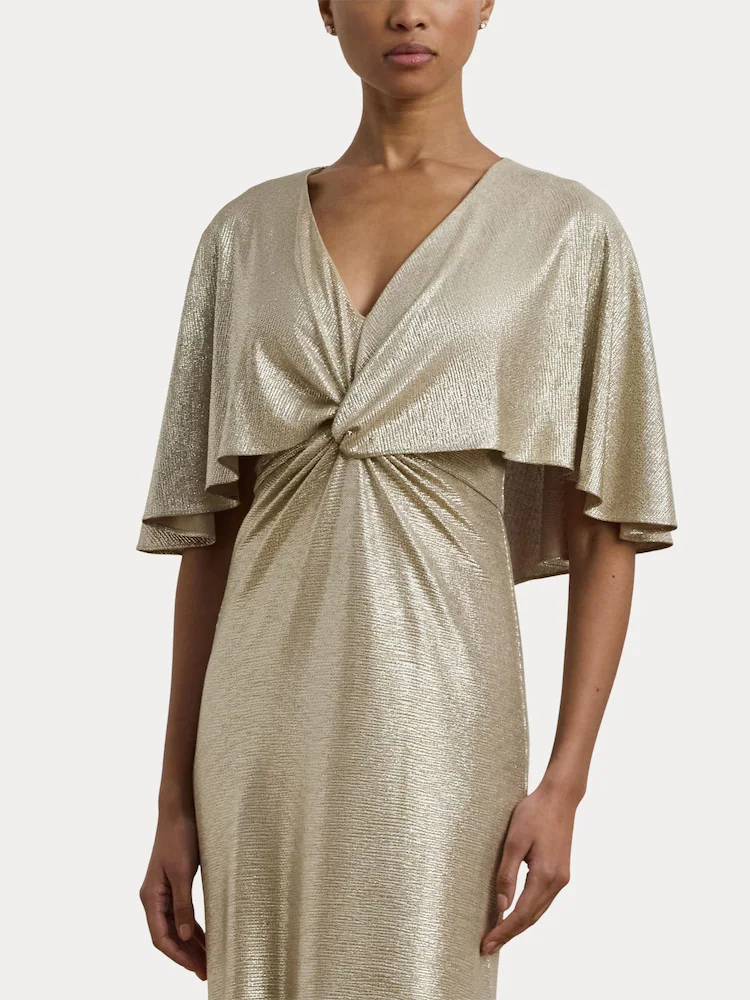Ralph Lauren Metallic Gold Knot-Front Maxi Gown