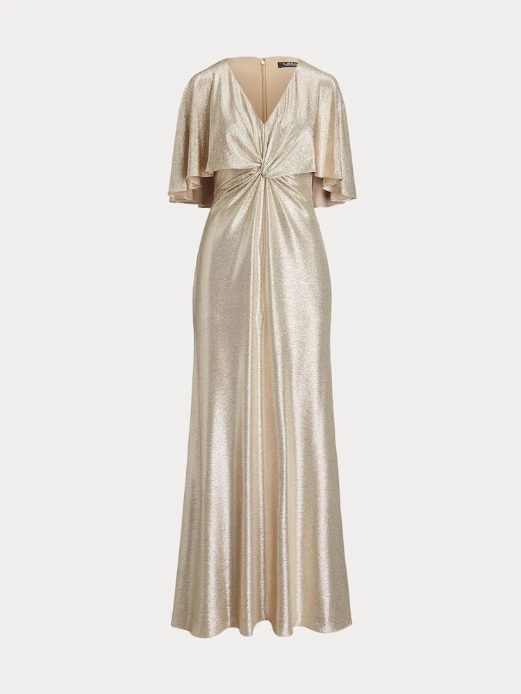 Ralph Lauren Metallic Gold Knot-Front Maxi Gown