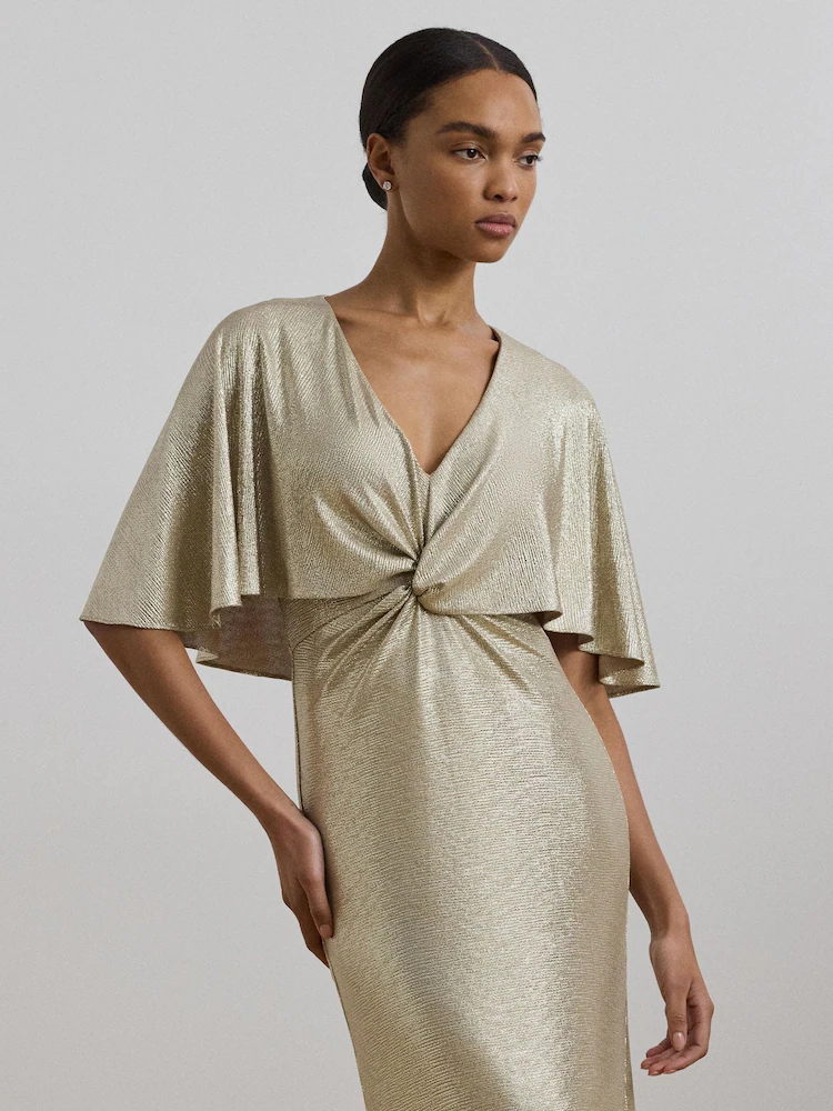 Ralph Lauren Metallic Gold Knot-Front Maxi Gown