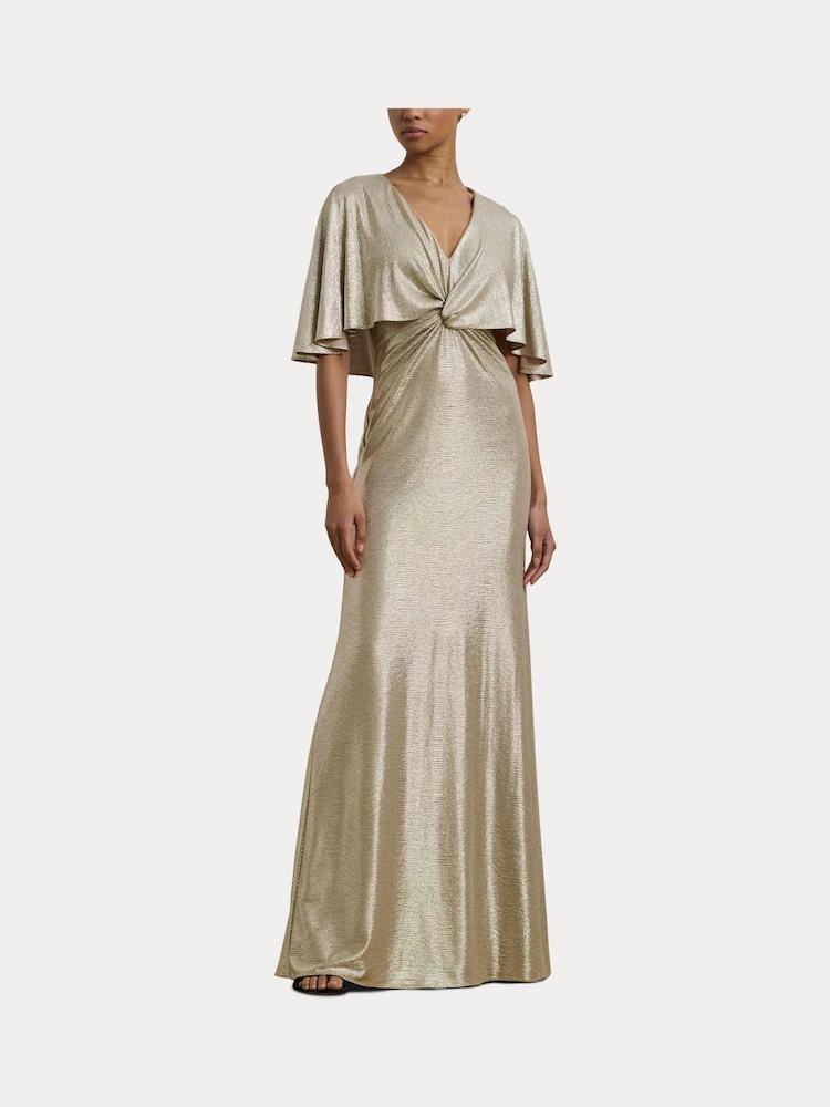 Ralph Lauren Metallic Gold Knot-Front Maxi Gown